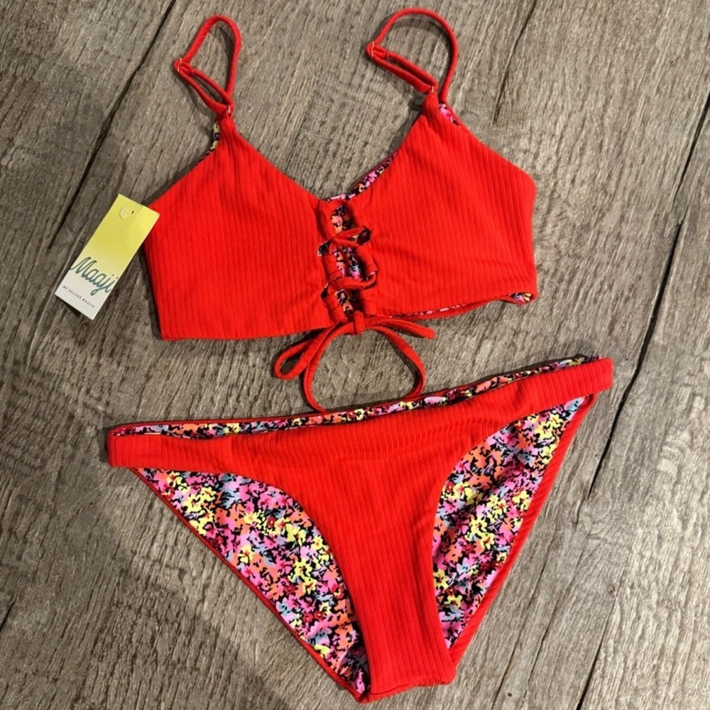 👙(SET) Maaji Red Flower Dazzling Reversible Bikini.